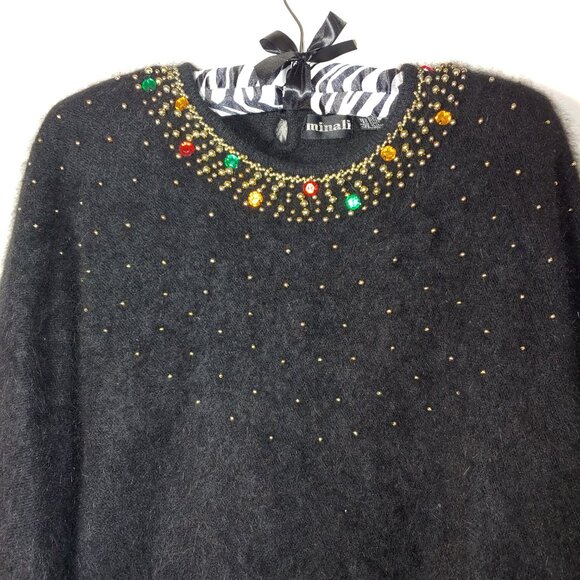 Minali Vintage Angora Wool Blend Beaded Jeweled Pullover Sweater Size M Black - Picture 3 of 5
